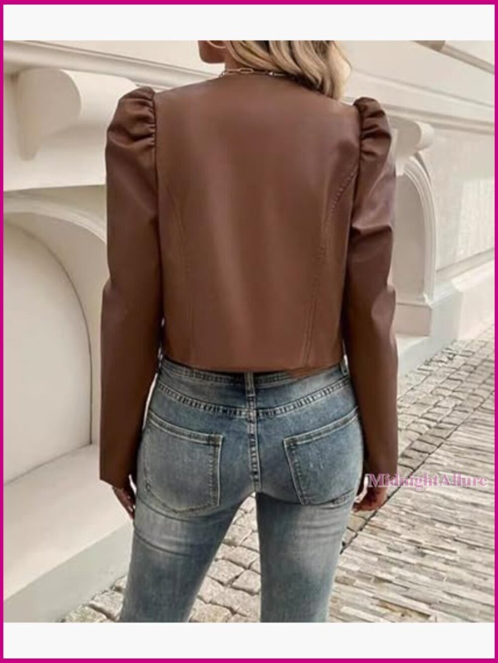 Faux Leather Cropped Blazer Puff Sleeve Open Front Cardigan Jacket - Picture 5 of 5